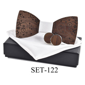 Unique Carved Wood Bow Tie, Cuff Link & Kerchief Set for Men