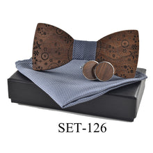 Load image into Gallery viewer, Unique Carved Wood Bow Tie, Cuff Link &amp; Kerchief Set for Men
