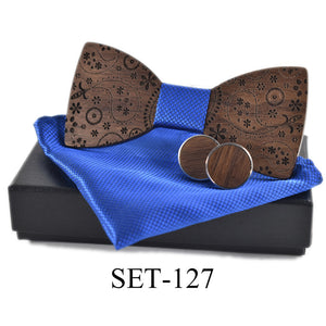 Unique Carved Wood Bow Tie, Cuff Link & Kerchief Set for Men
