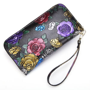 BAOERSEN  Retro Women's Genuine Leather Rose Pattern Clutch Wallet
