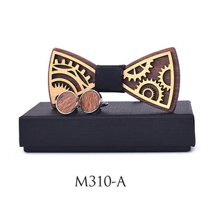 Unique Carved Wood Bow Tie & Cuff Link Set for Men