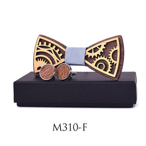 Unique Carved Wood Bow Tie & Cuff Link Set for Men