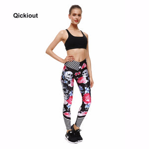 QICKITOUT  Women's Workout Fitness Active Wear Leggings in Skulls & Flowers Print