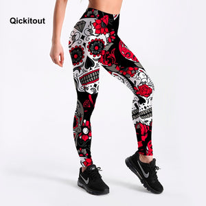 QICKITOUT  Women's Workout Fitness Active Wear Leggings in Sugar Skull Print