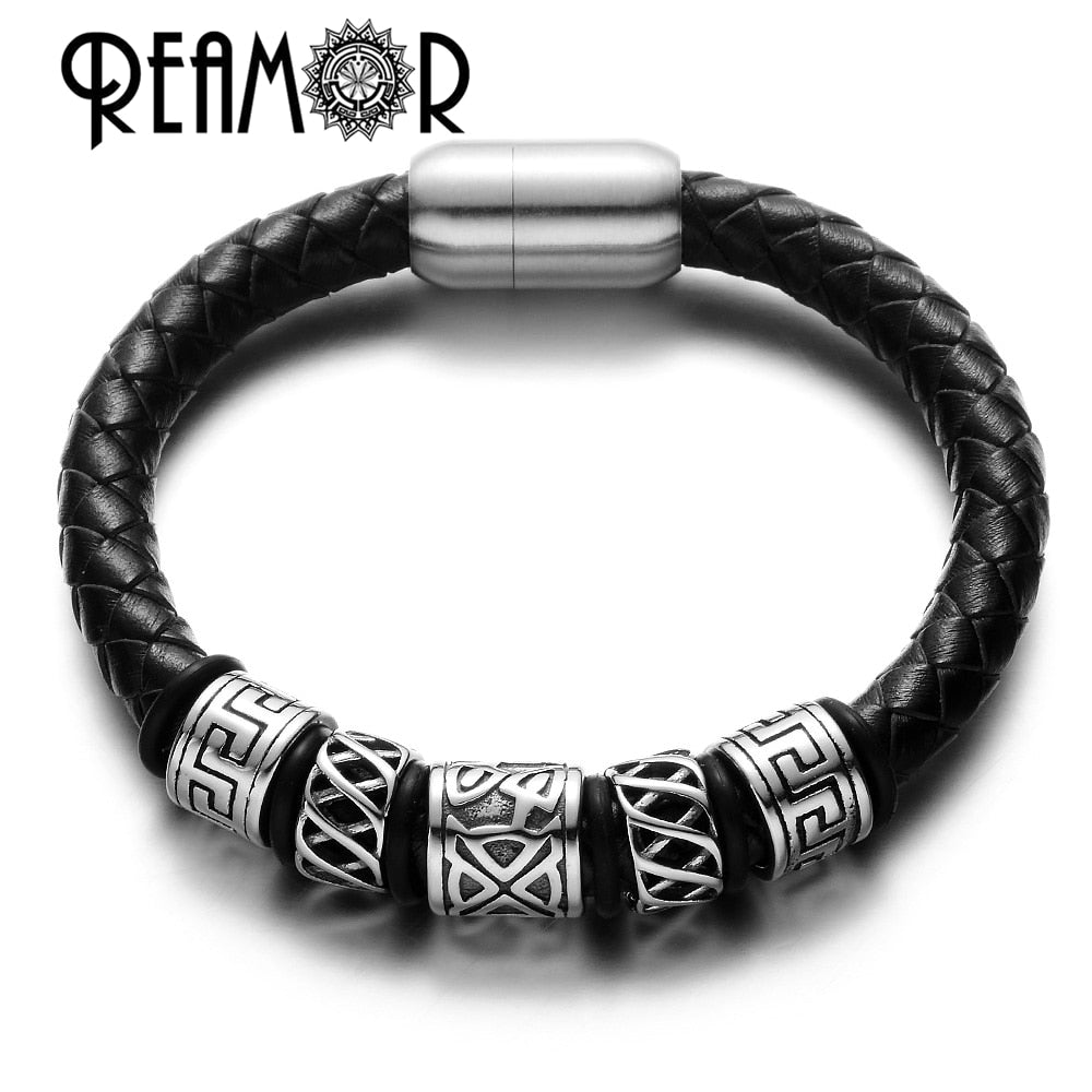 REAMOR   Nordic Viking Leather & 316L Steel Bead Bracelet with Strong Magnetic Clasp
