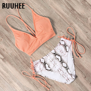 Women's Push-up Lace-up Backless Bikini Set in Multiple Prints