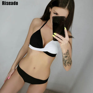 RISEADO  Halter Push-up Top Bikini Swimsuit Set with Tropical Leaf Print for Women