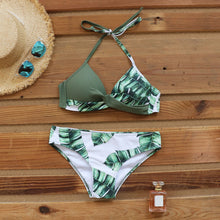 Load image into Gallery viewer, RISEADO  Halter Push-up Top Bikini Swimsuit Set with Tropical Leaf Print for Women
