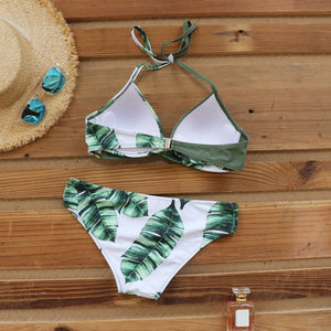 RISEADO  Halter Push-up Top Bikini Swimsuit Set with Tropical Leaf Print for Women