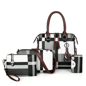 SMOOZA  Luxury Designer Plaid Women's Handbag Set (4pc) with Adorable Decoration