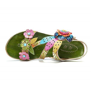 SOCOFY  Women's Genuine Leather Retro Style Floral Stitched Sandals