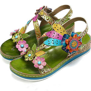 SOCOFY  Women's Genuine Leather Retro Style Floral Stitched Sandals