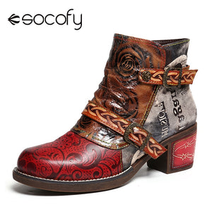 SOCOFY  Handmade Leather Vintage Print & Emboss Ankle Boots