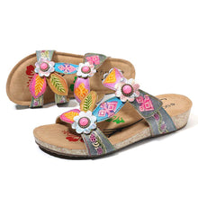 Load image into Gallery viewer, SOCOFY Hand Painted Genuine Leather Retro Style Floral Patterned Sandals with Gem Accents
