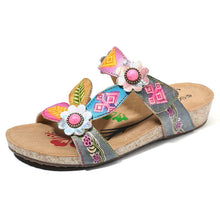 Load image into Gallery viewer, SOCOFY Hand Painted Genuine Leather Retro Style Floral Patterned Sandals with Gem Accents
