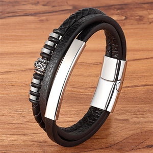 TYO Men's Gothic Punk Style Genuine Leather & Stainless Steel Bracelet