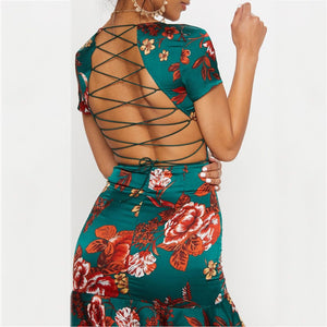Women's V-Neck Open-Back Floral Print Short Summer Party Dress