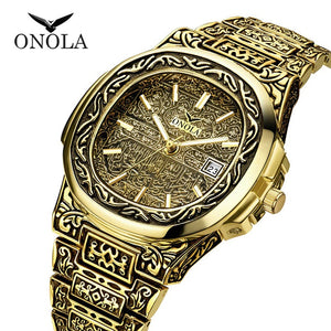 ONOLA   Retro Stainless Steel Water Resistant Men's Watch Uniquely Carved Band & Face