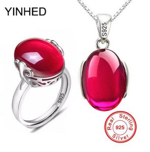 YINHED   925 Sterling Silver 5.0 Carat Ruby Ring & Necklace Set